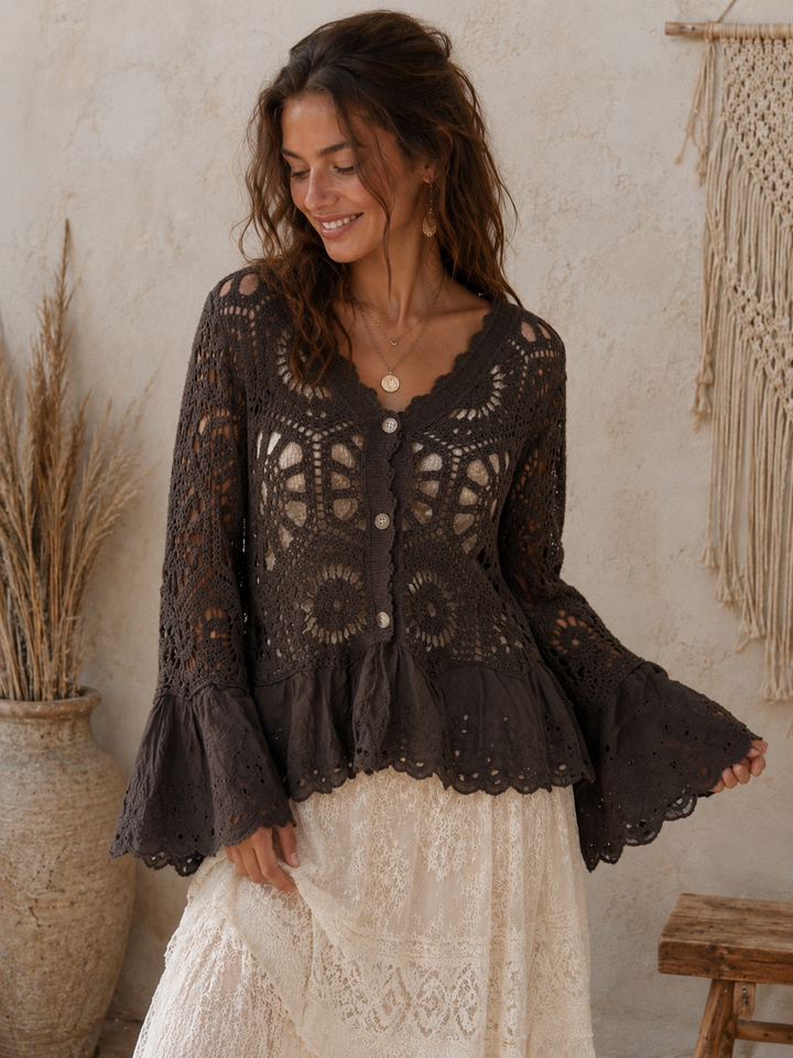 Mae Broderie Crochet Cardigan Chocolate