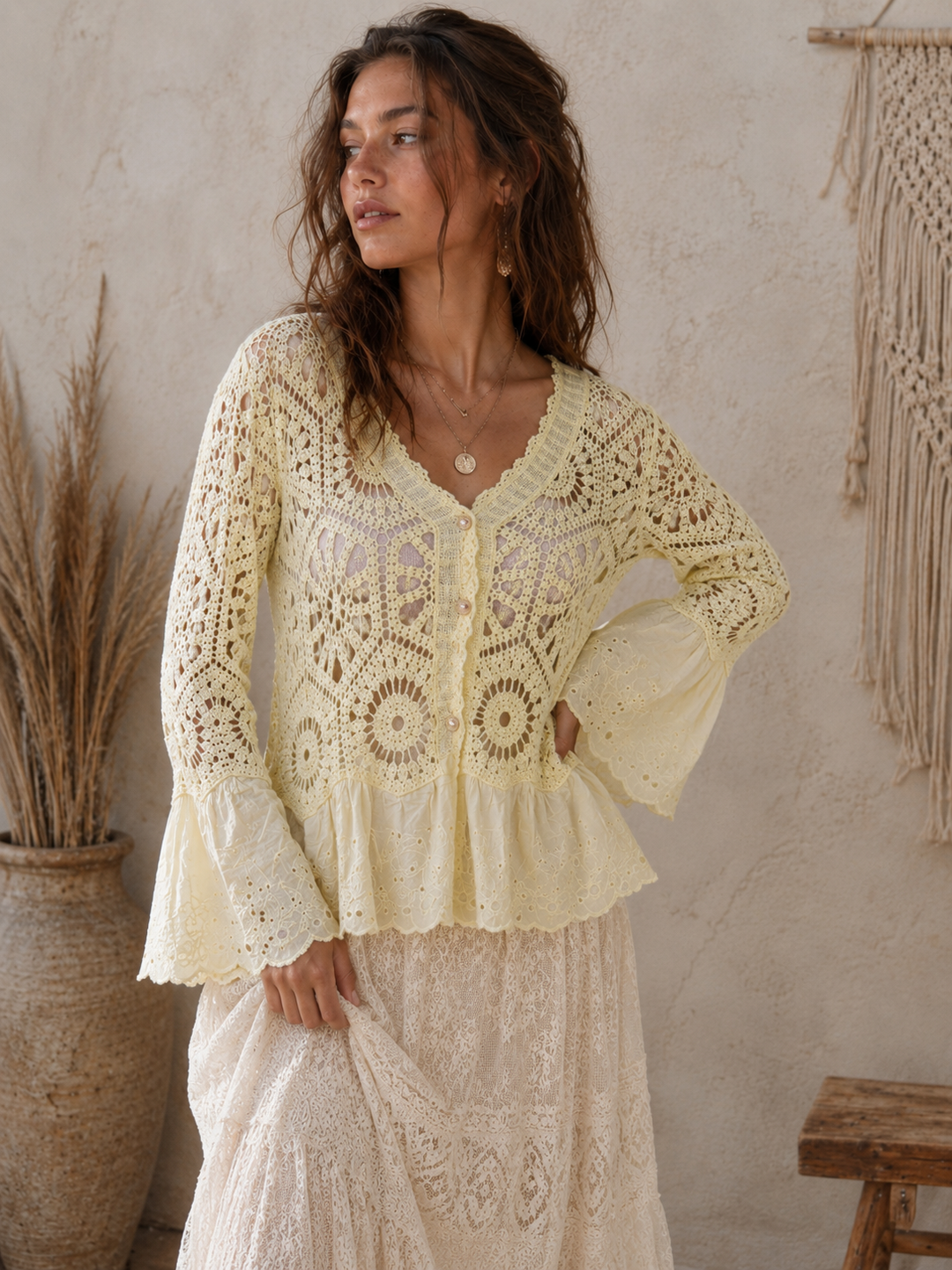 Mae Broderie Crochet Cardigan Lemon