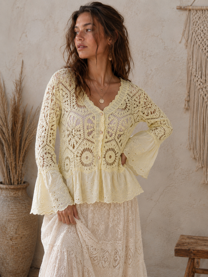 Mae Broderie Crochet Cardigan Lemon