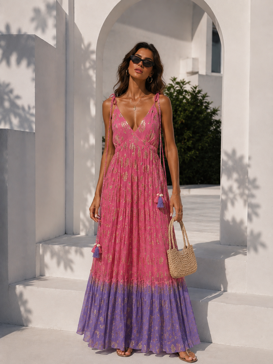 Zahara Gold Halter Maxi Dress Fuchsia