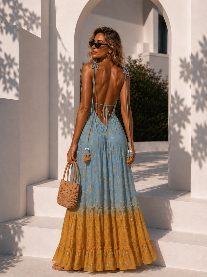 Zahara Gold Halter Maxi Dress Sky Blue