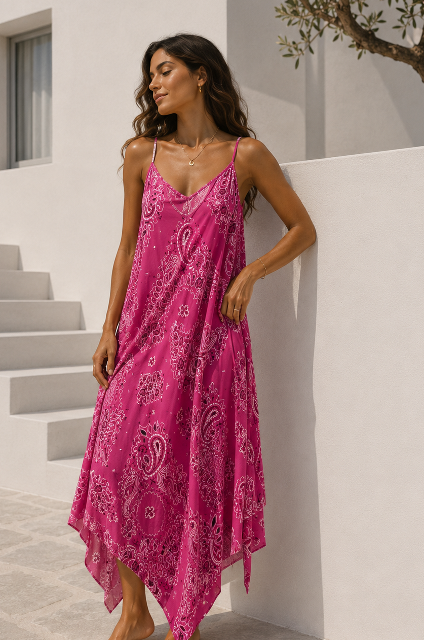 Bandana Print Hanky Dress Fuchsia