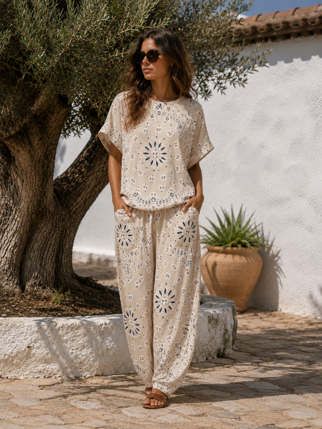 Amelia Bandana Print Co-Ord Beige