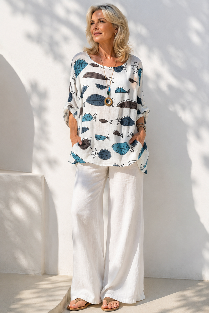 Neptunia Print Necklace Top White