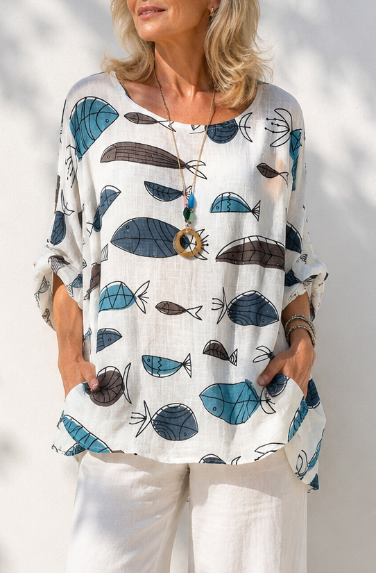 Neptunia Print Necklace Top White