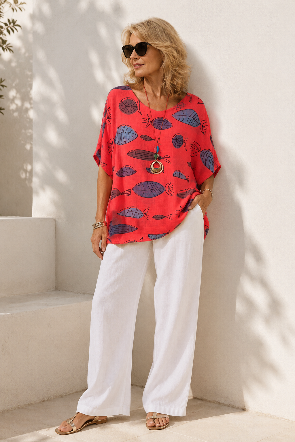 Neptunia Print Necklace Top Coral
