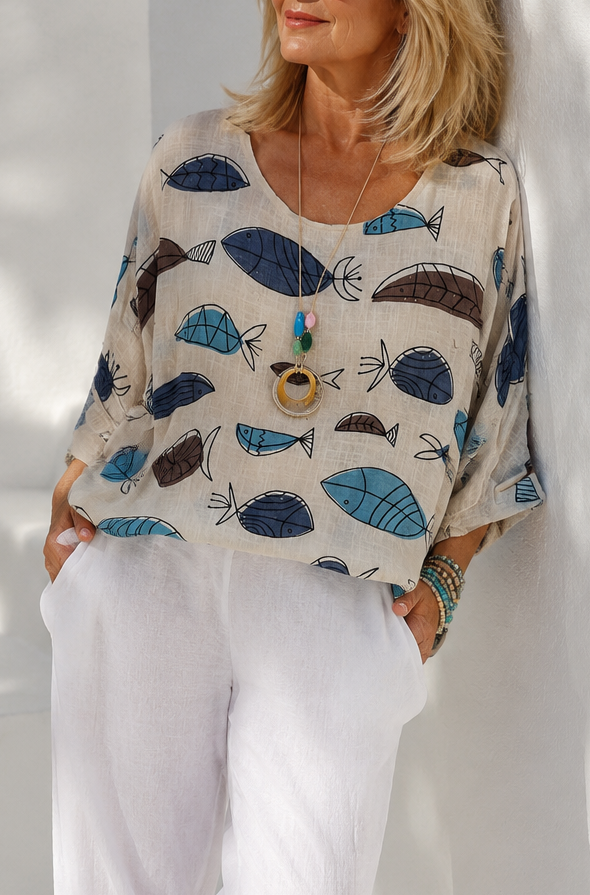Neptunia Print Necklace Top Beige