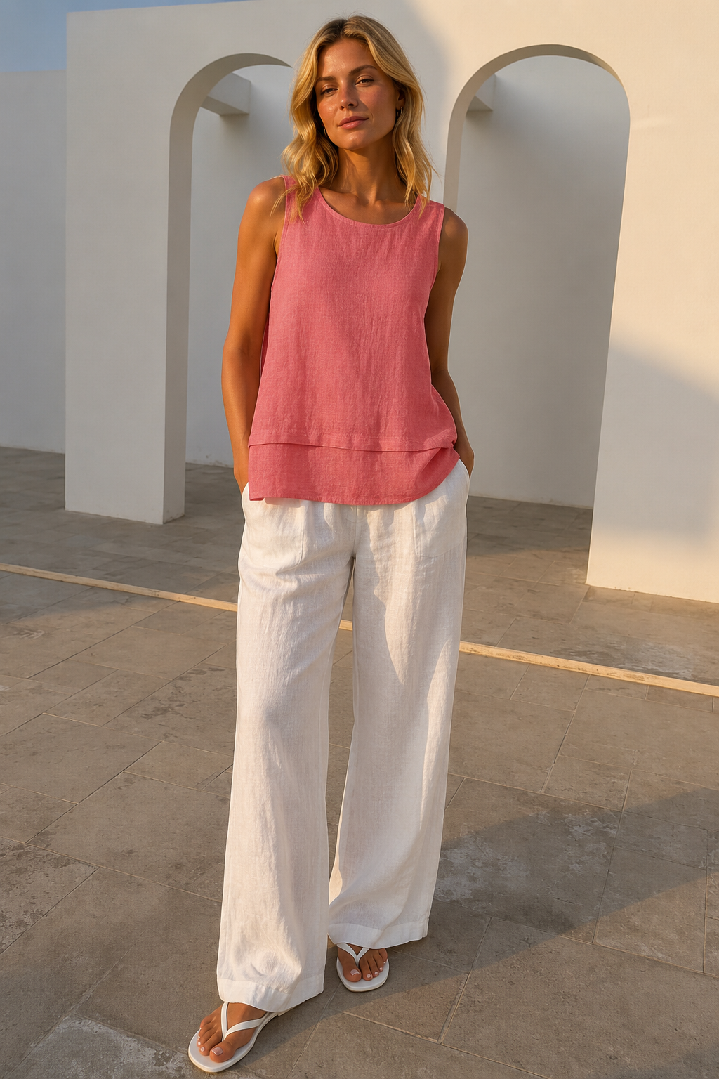Matilda Sleeveless Linen Top Coral