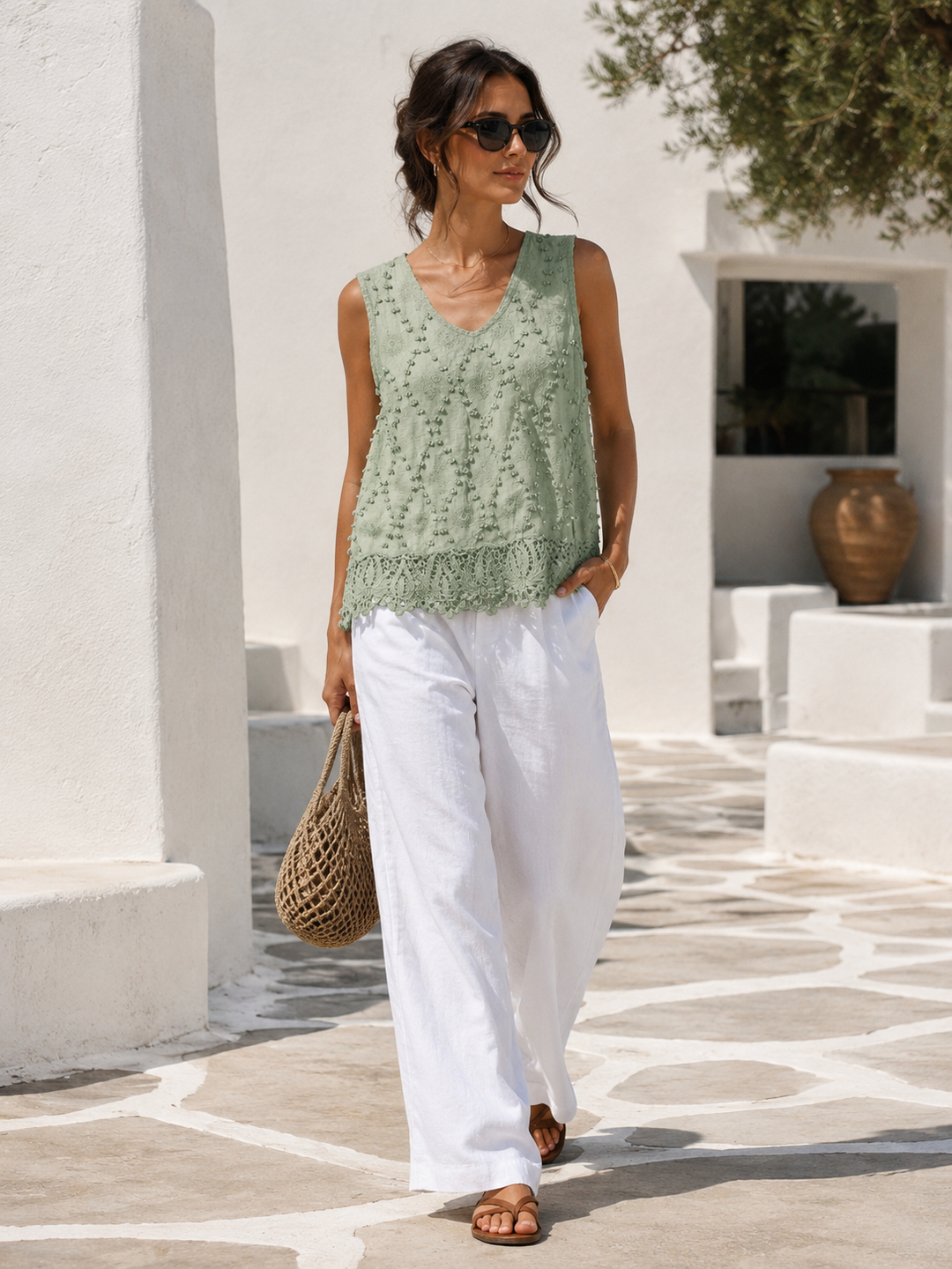 Cloe Crochet Edge Sleeveless Top Khaki