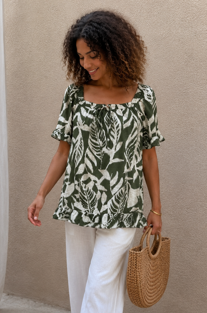 Raquel Leaf Print Bardot Top Khaki