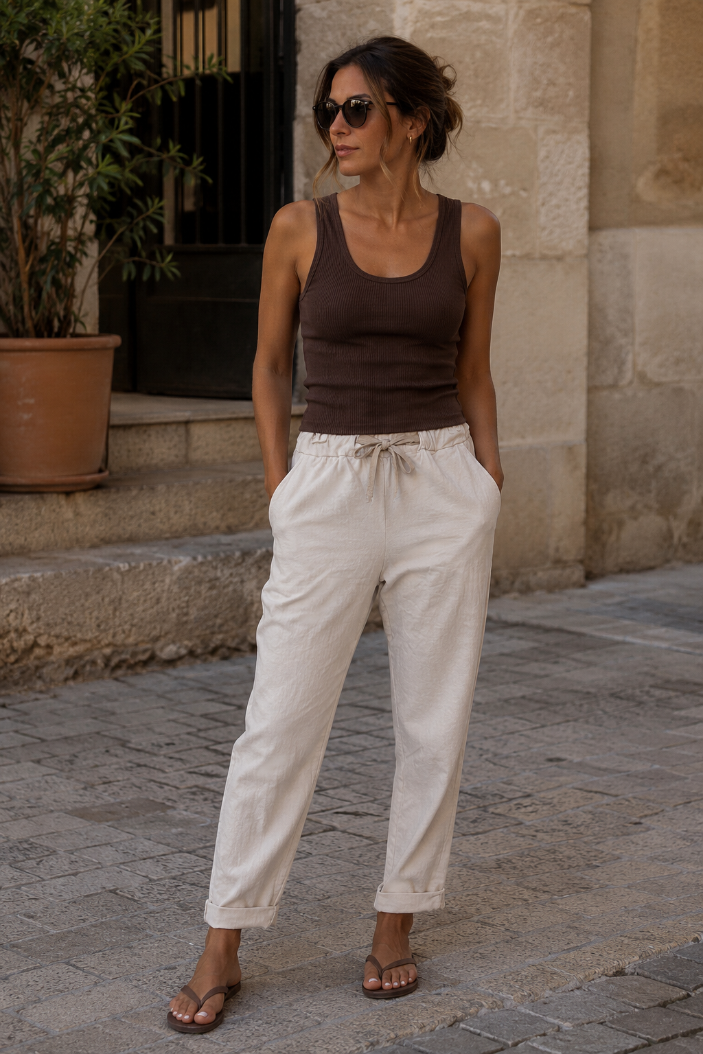 Beige Plain Magic Pants
