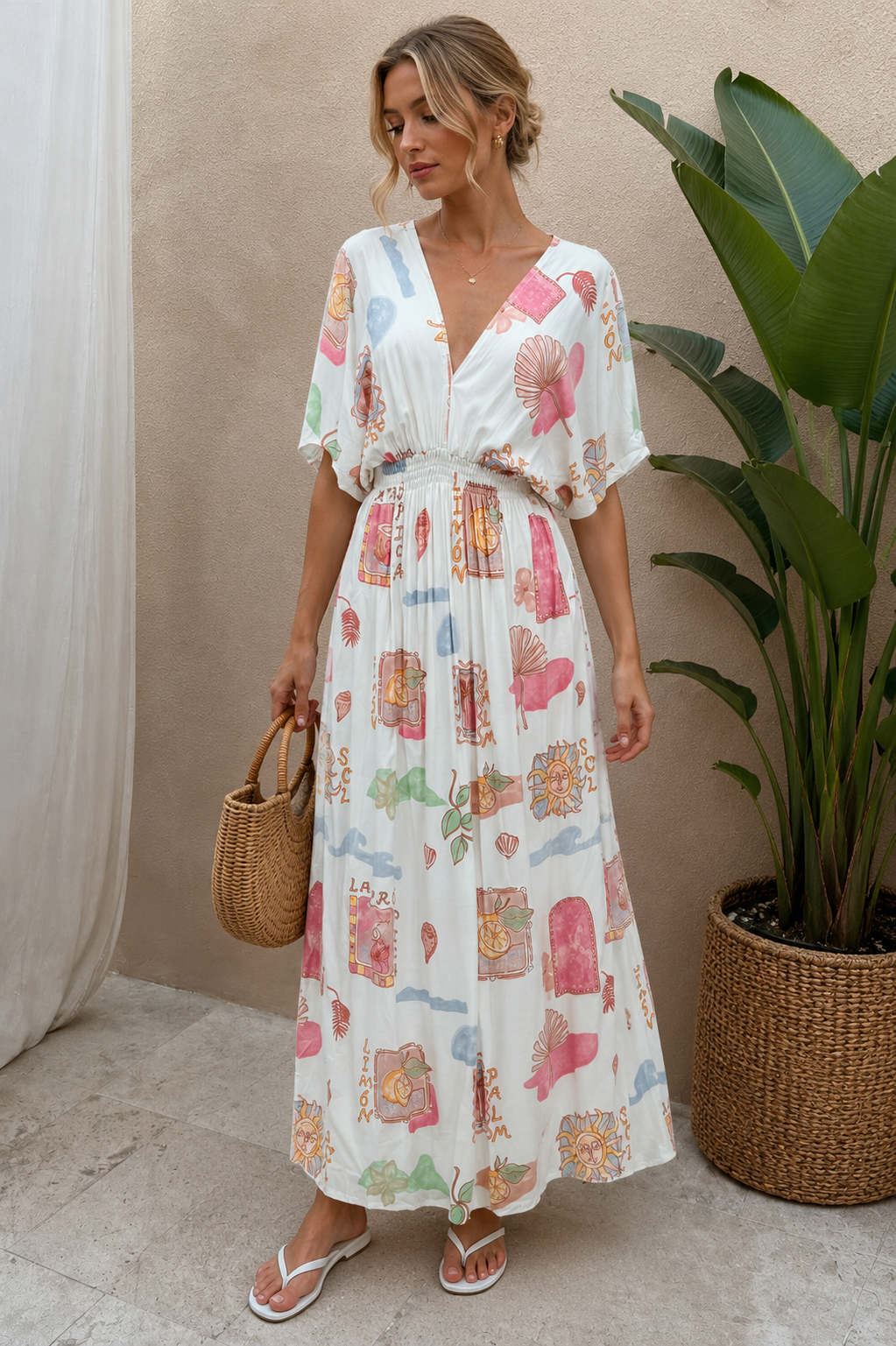 Kirana Postcard Print Maxi Dress White