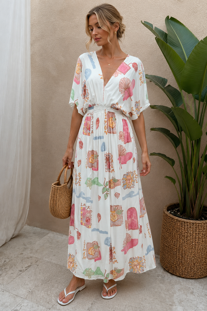 Kirana Postcard Print Maxi Dress White