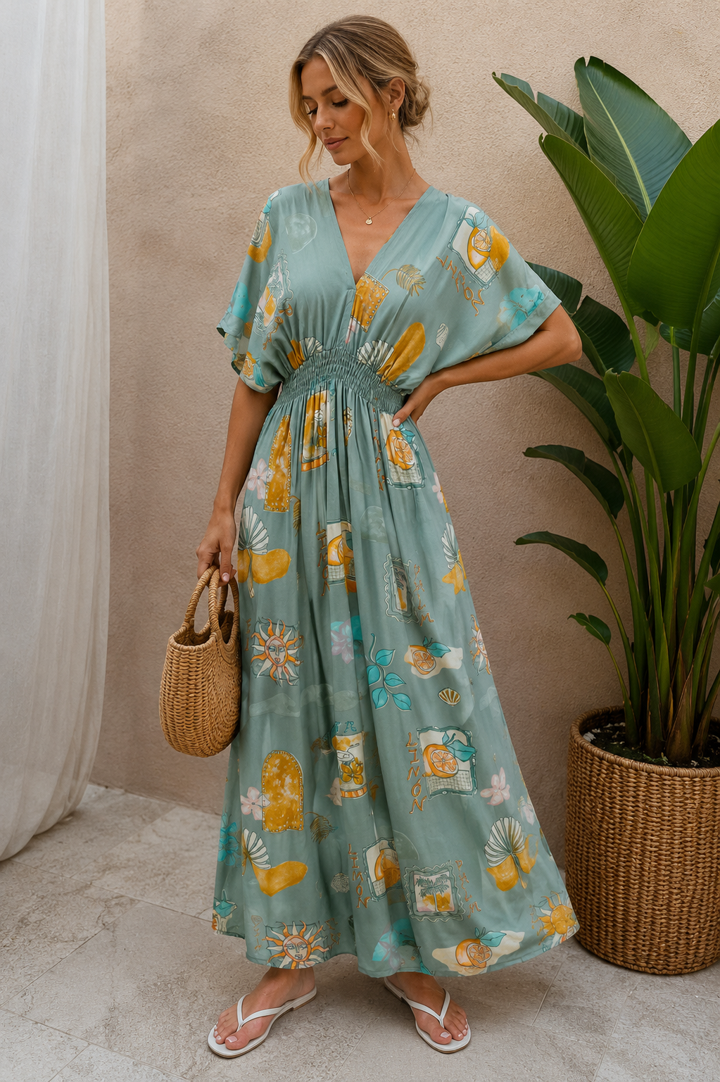 Kirana Postcard Print Maxi Dress Sage