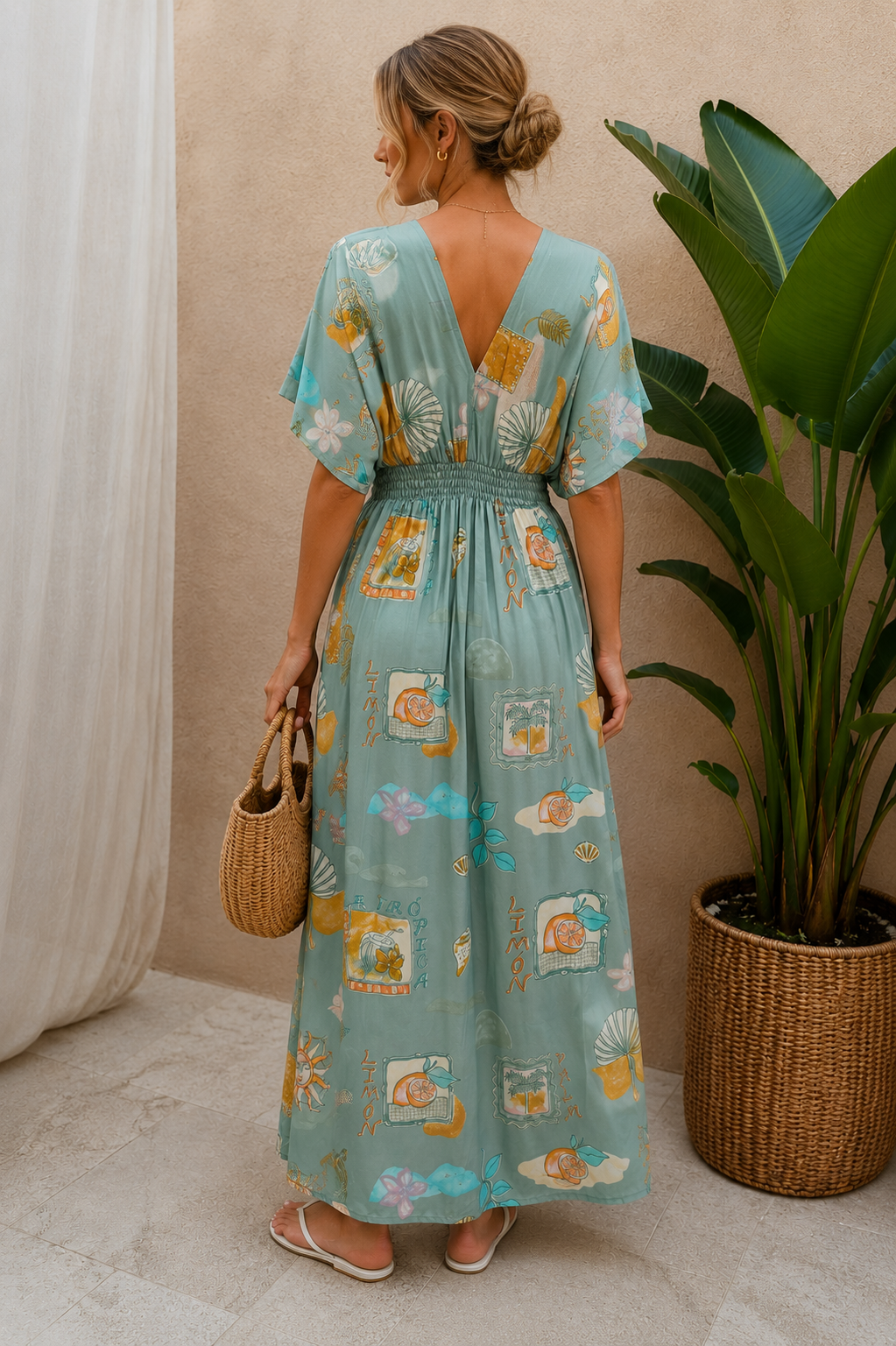 Kirana Postcard Print Maxi Dress Sage