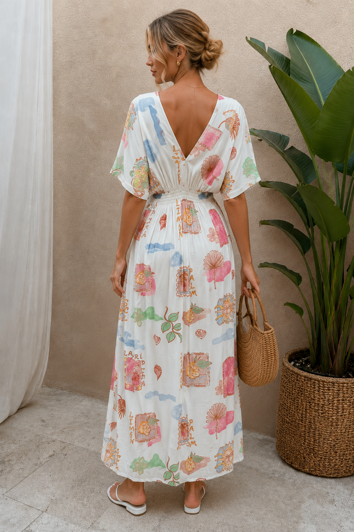 Kirana Postcard Print Maxi Dress White