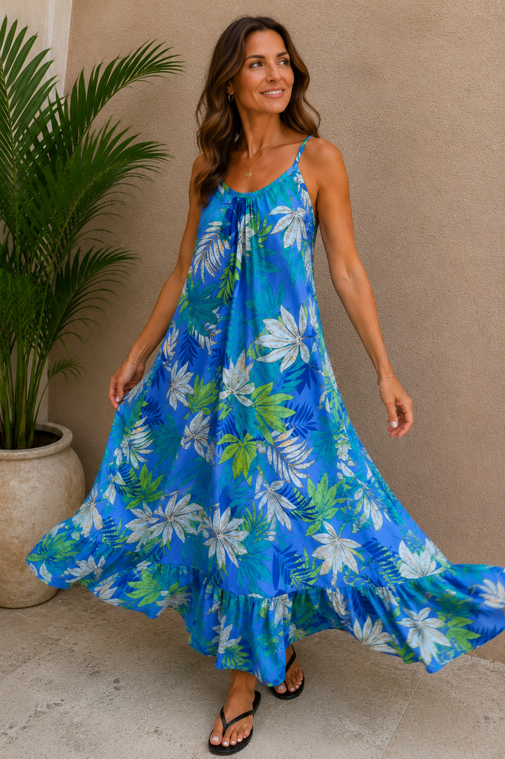 Ananda Tropical Palm Dress Blue