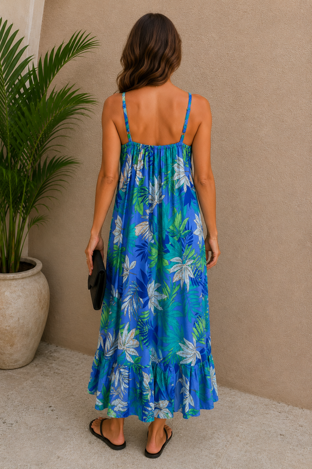 Ananda Tropical Palm Dress Blue