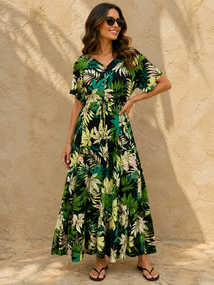 Imarna Tropical Palm Dress Black