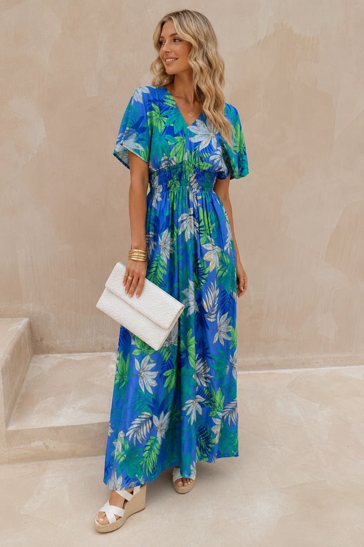 Nailah Floral Palm Dress Blue