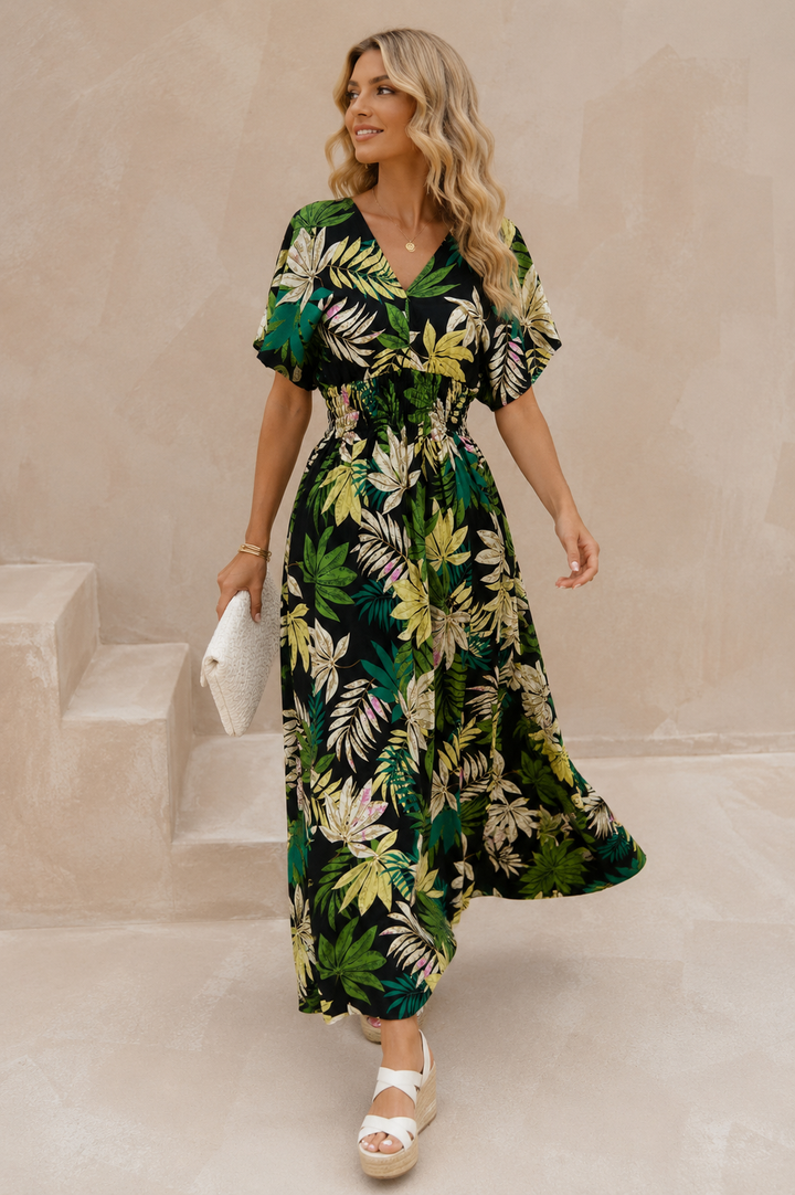 Nailah Floral Palm Dress Black