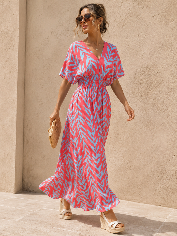 Yuliana Leaf Print Dress Coral
