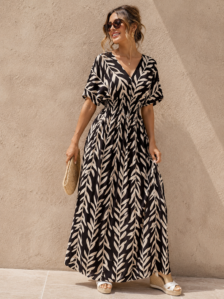 Yuliana Leaf Print Dress Chocolate