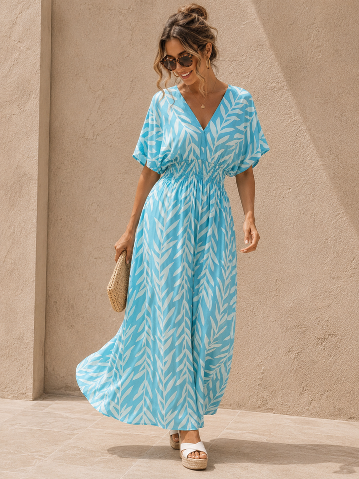 Yuliana Leaf Print Dress Sky Blue