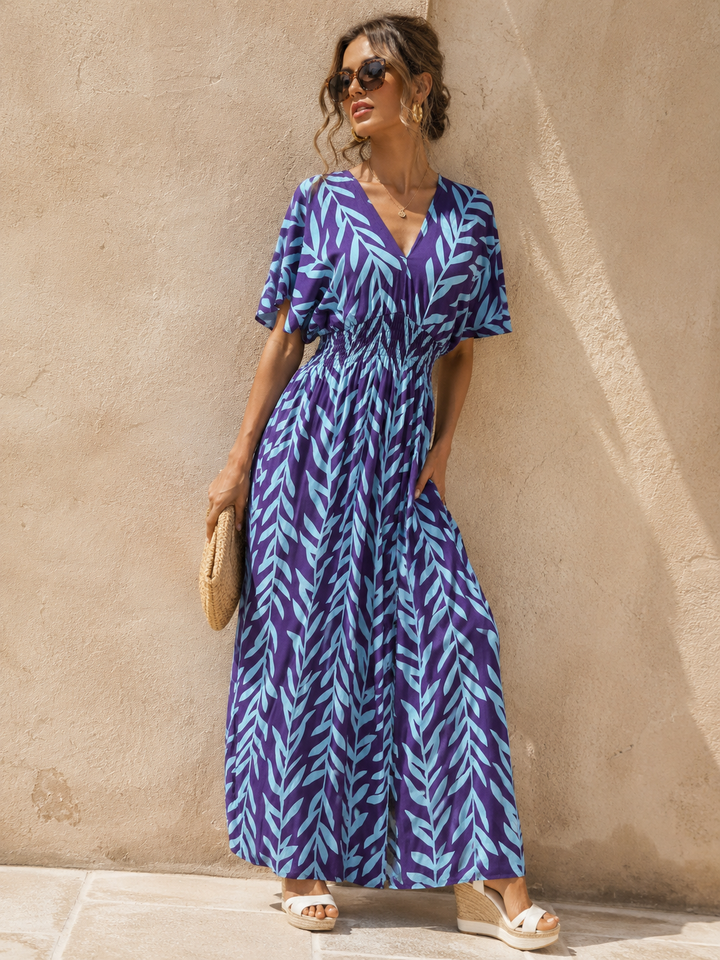 Yuliana Leaf Print Dress Plum