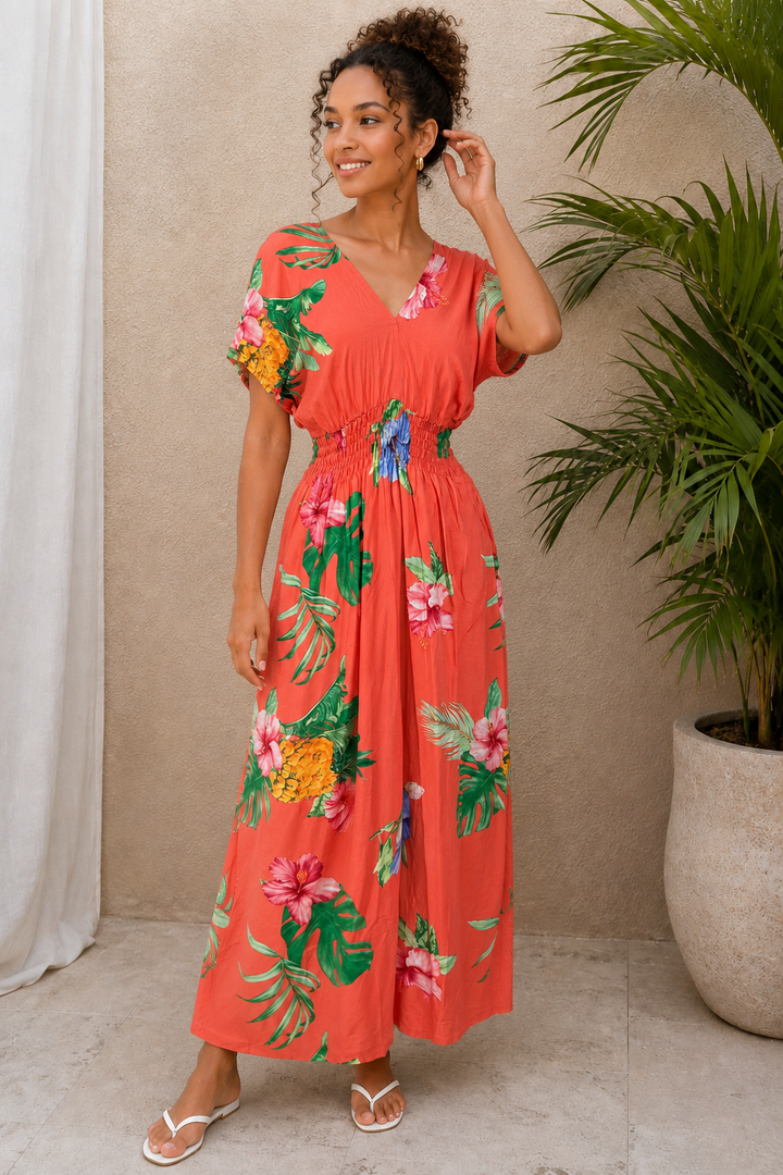 Zarena Hibiscus Flower Dress Coral