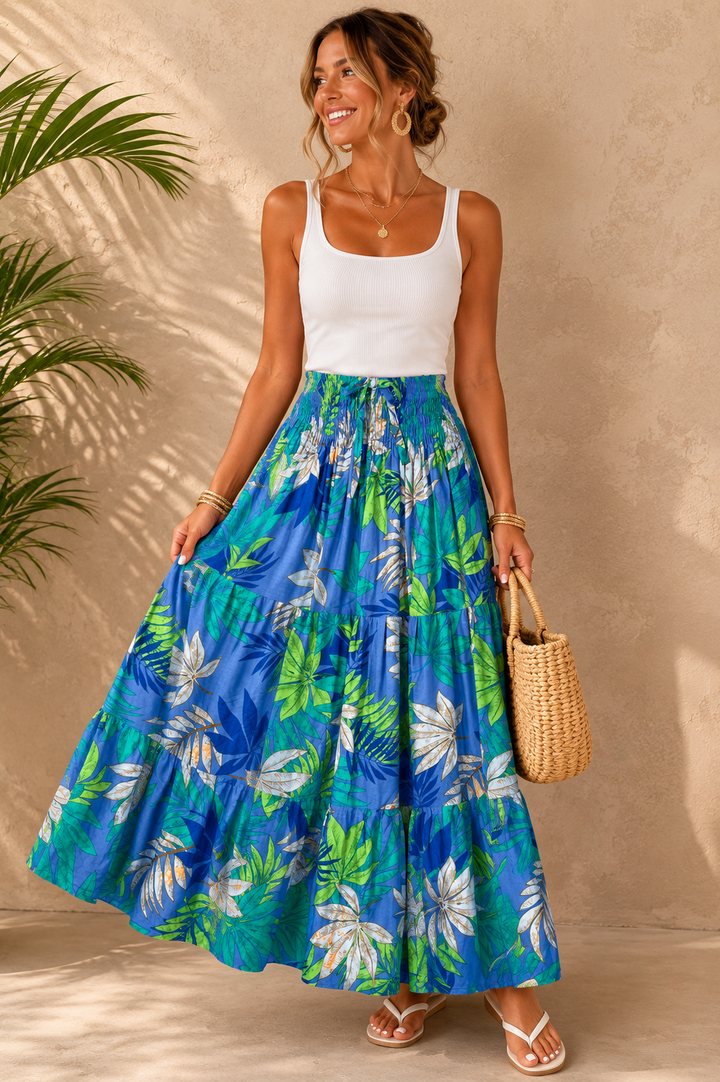 Ananda Tropical Floral Skirt Blue