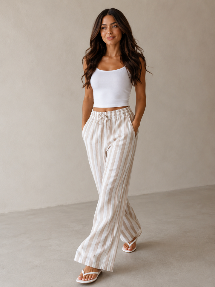 Cinta Stripe Cotton Trousers Beige
