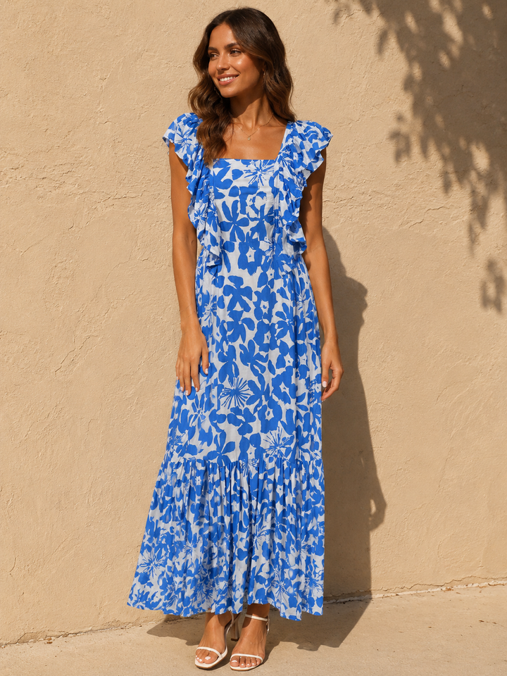 Kamilah Tropical Floral Dress Ocean Blue