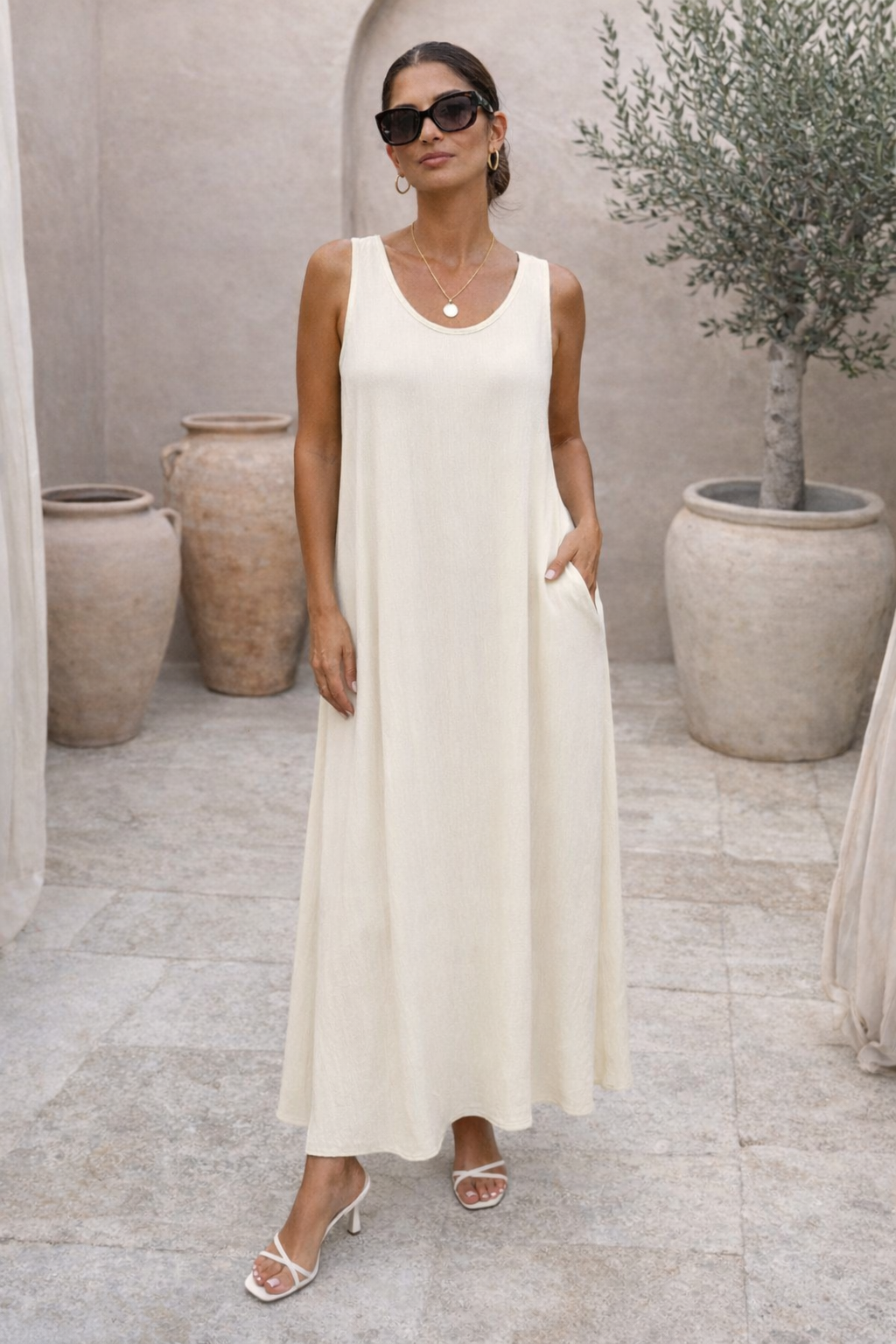 Emilia Crinkle Sleeveless Dress Cream