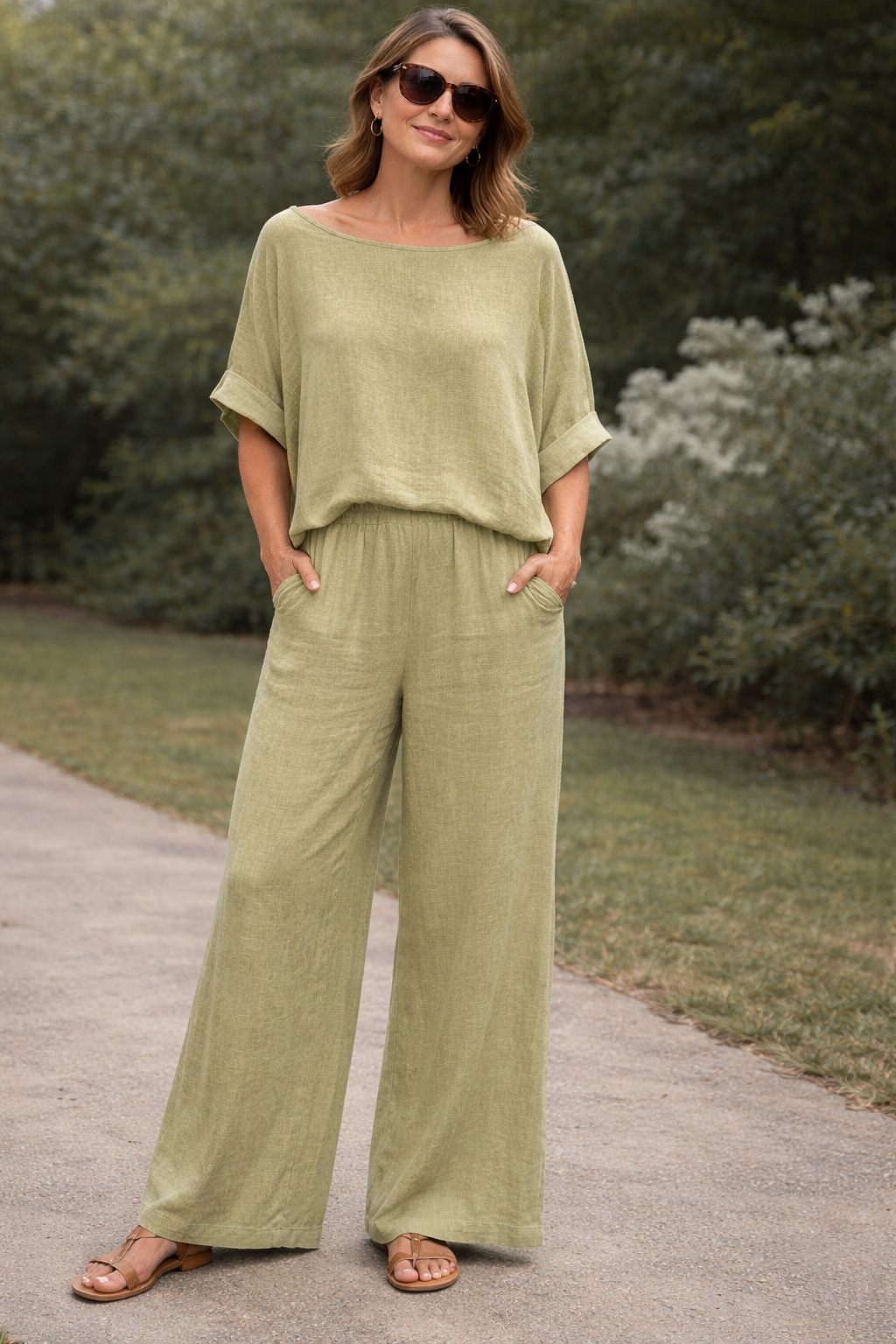 Lorena Linen Wide Leg Trousers Pistachio