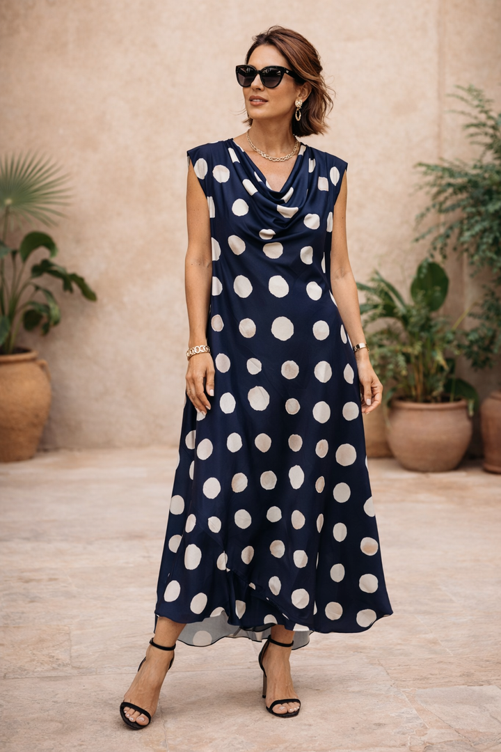 Cadence Cowl Polka Dot Dress Navy