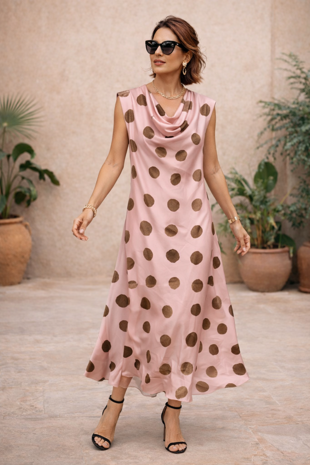 Cadence Cowl Polka Dot Dress Pink