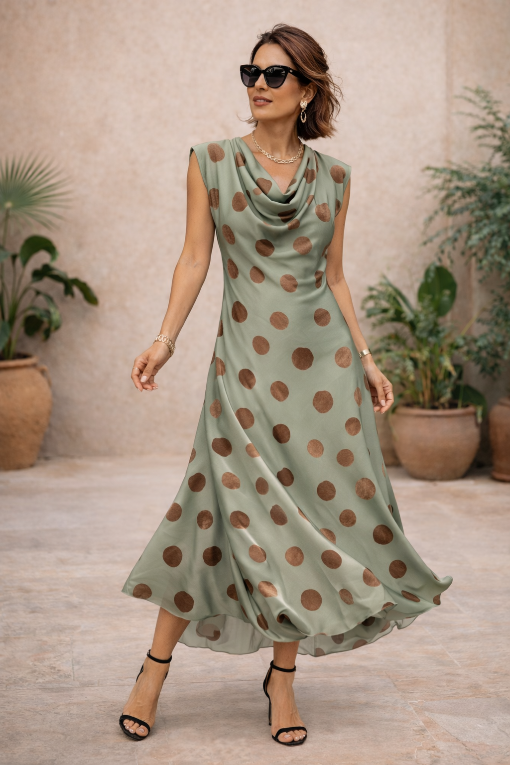 Cadence Cowl Polka Dot Dress Sage