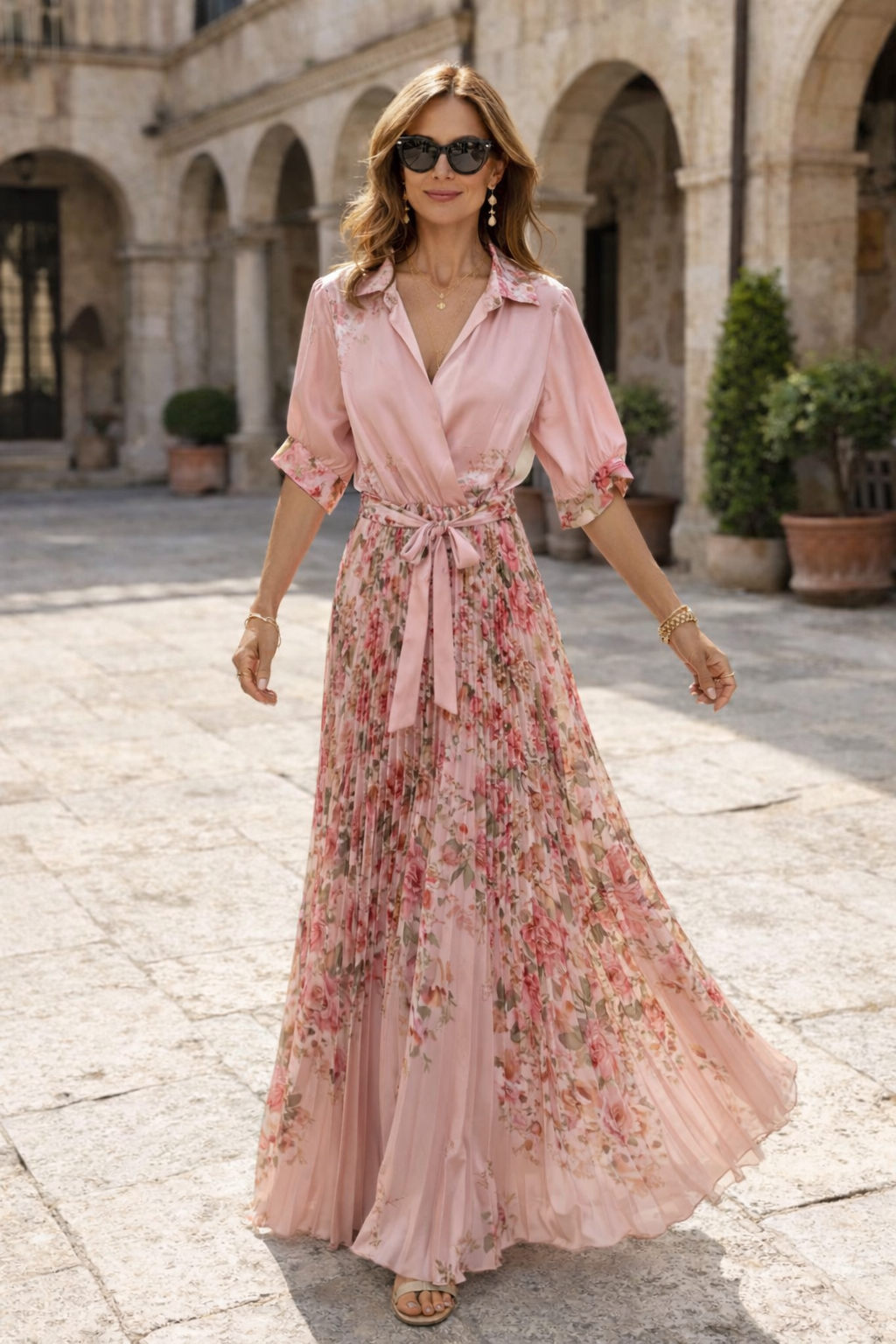 Fiora floral Pleat Dress Rose