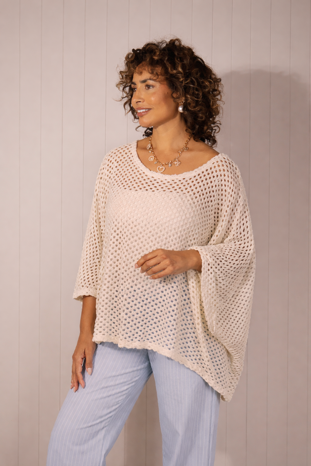 Oaklynn Open Knit Top Beige