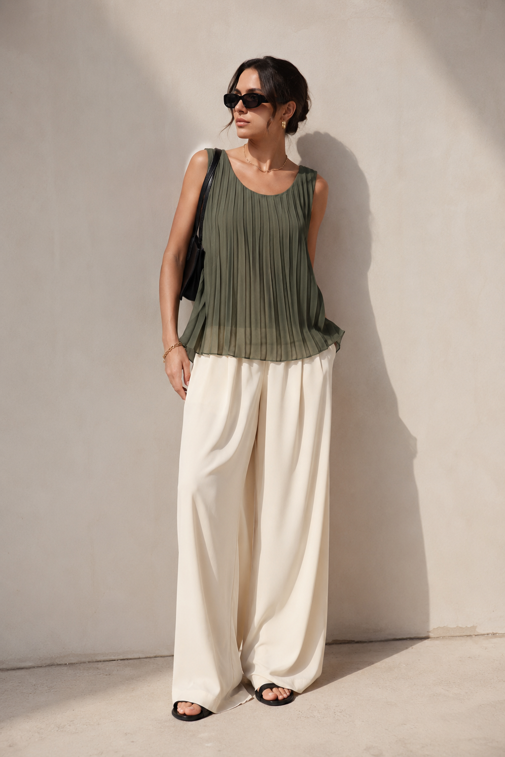 Lynetta Pleated Top Khaki