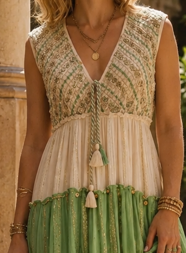 Puerto Banus Sparkle Dress Cream/Sage