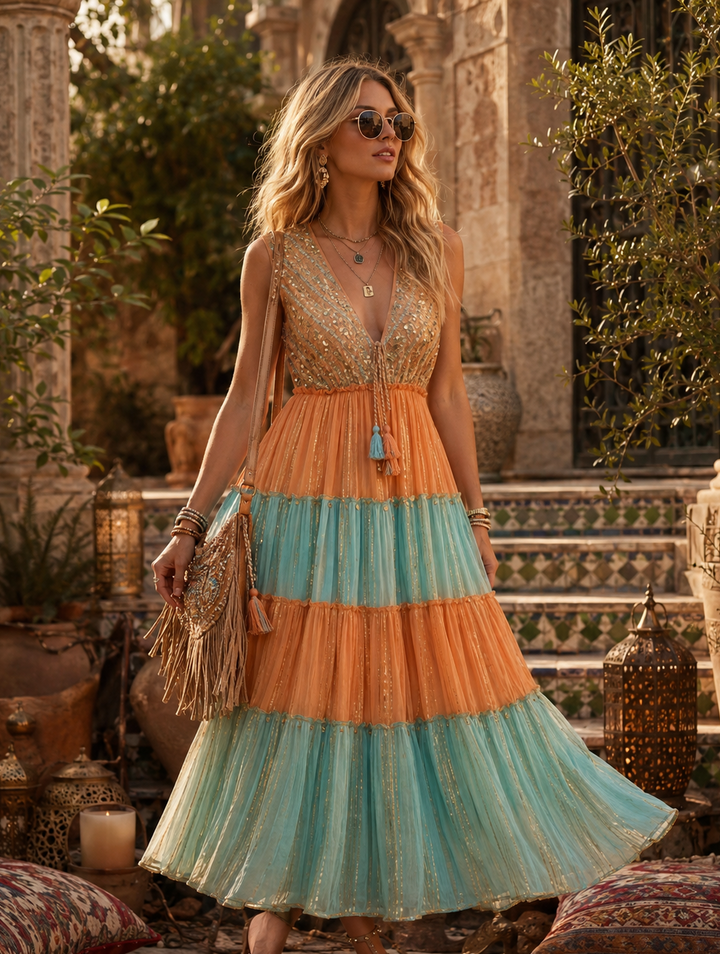 Puerto Banus Sparkle Dress Orange/Turq