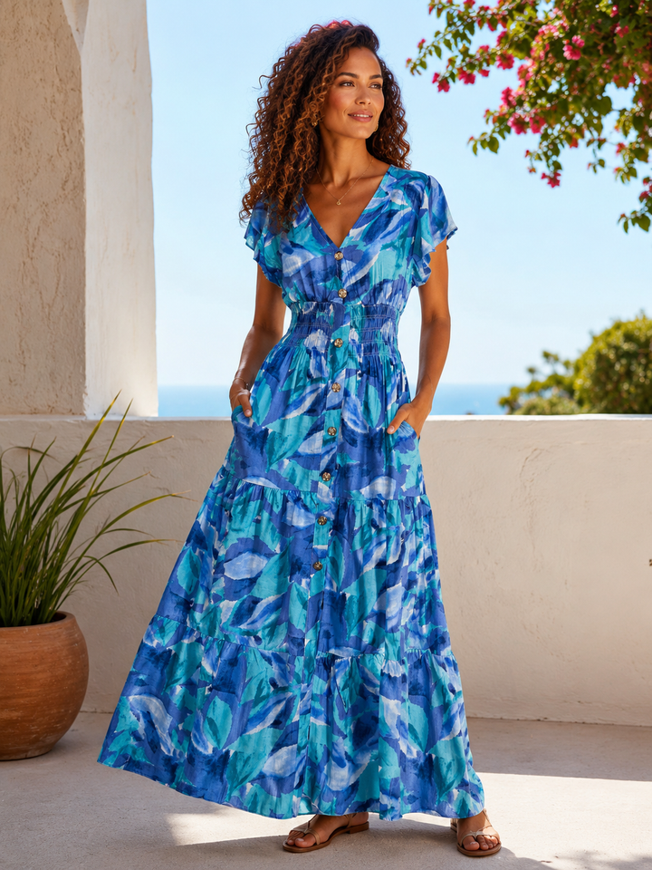 Sia Shirred Maxi Dress Blue/Aqua