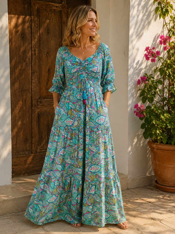 Rosabella Shirred Silk Dress Aqua