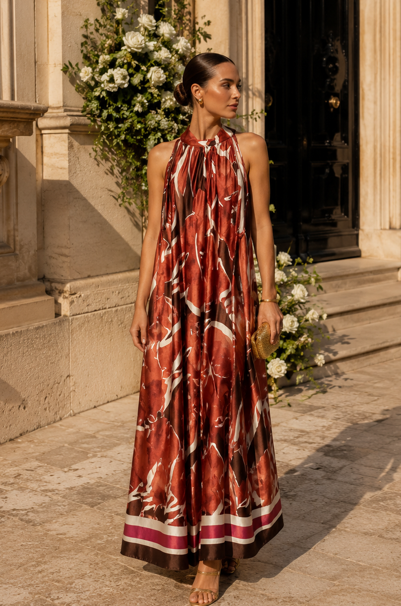 Nicoletta Leaf Print Dress Copper
