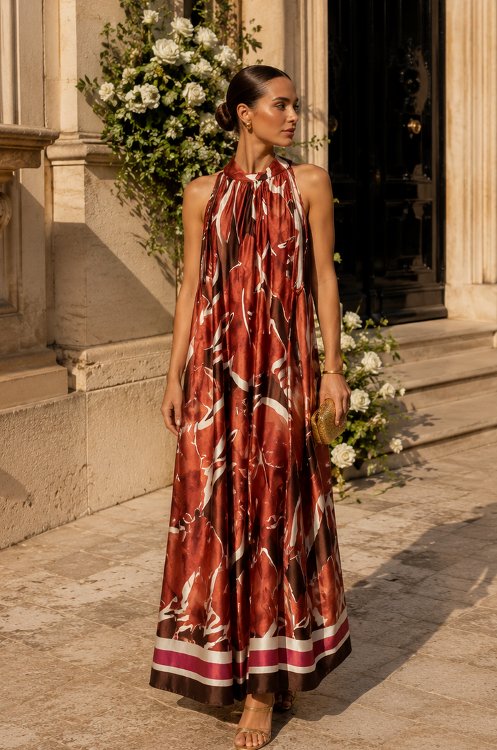 Nicoletta Leaf Print Dress Copper