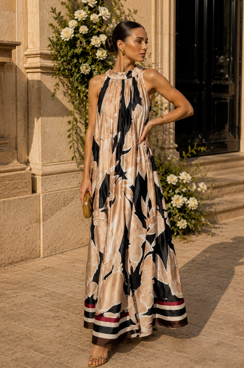 Nicoletta Leaf Print Dress Black