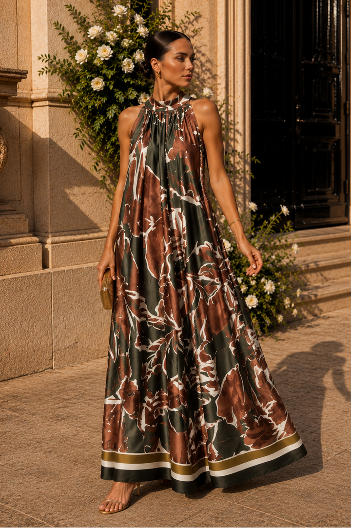 Nicoletta Leaf Print Dress Chocolate