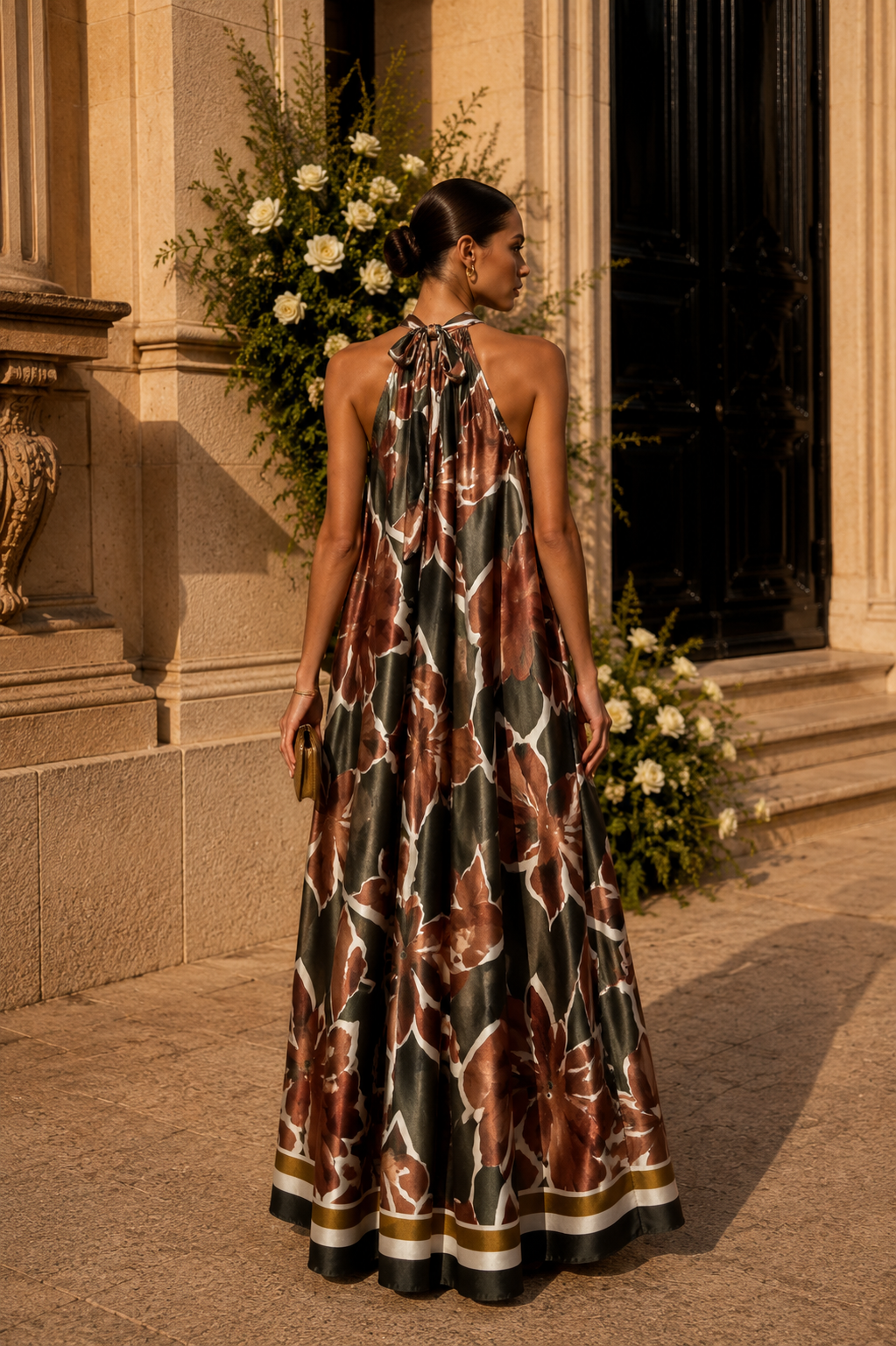 Nicoletta Leaf Print Dress Chocolate